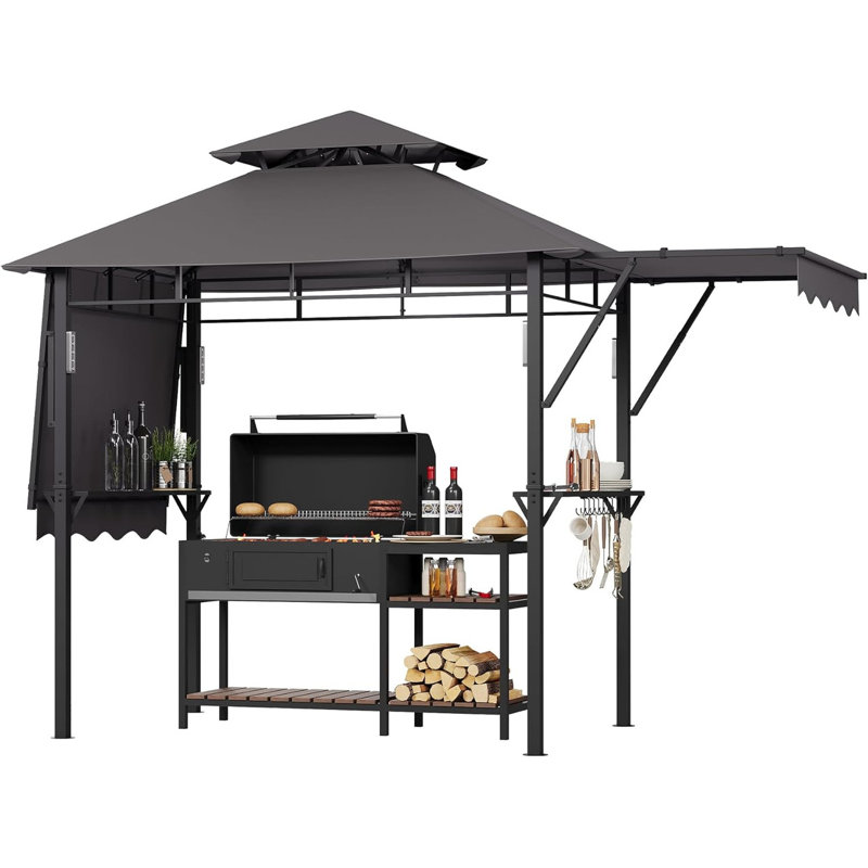 13x4 ft Double-Tier Grill Gazebo with Dual Side Awnings, 4 LED Lights, 10 Hooks & Bottle Opener, Heavy Duty Steel Frame for Patio, Garden, Beach