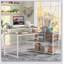 Bureau de bureau en L de 55 pouces avec élévateur de moniteur, tiroirs et tablettes de rangement, bureau d'ordinateur de coin pour les petits espaces, table d'écriture de style maison de campagne