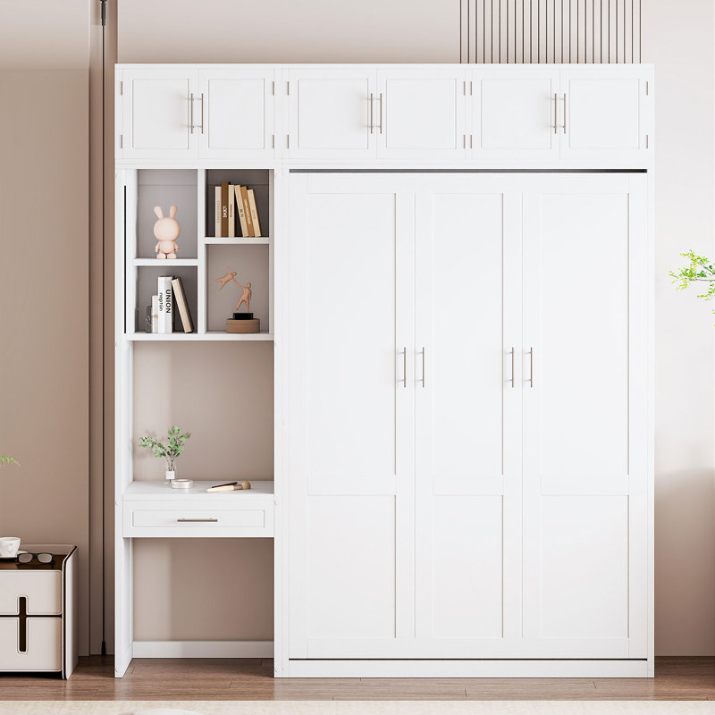 Lit escamotable double pleine grandeur avec bureau, tablettes de rangement et armoire supérieure - Lit mural pliable peu encombrant, blanc