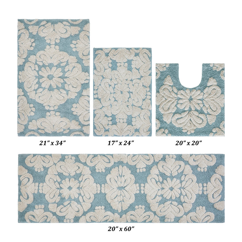 Ensemble de tapis pour salle de bain 100% coton 1885 GSM Chemash Premium, certifié OEKO-TEX®, envers en latex antidérapant, tapis de bain touffetés moelleux et tapis de contour pour douche, baignoire, meuble-lavabo, lavabo et toilette, super absorbant, machine Lavable, bleu