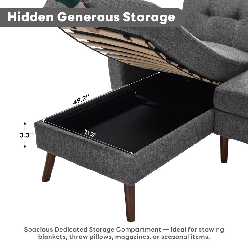 80" Mid Century Modern L Chaise Longue 2 Piece Upholstered Sectional Sofa with Storage Function, Gray Linen