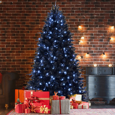 Arbre de Noël pré-éclairé noir de 5 pi avec 250 DEL blanches, 1076 pointes PE + PVC, conception à charnières pour une installation facile et un décor des Fêtes