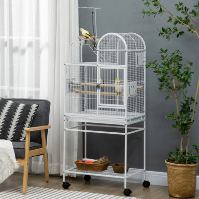 Cage à perroquet 55 po, acier blanc, crochets, perchoirs, gobelets, support roulant pour grande cage 55 po et autres oiseaux