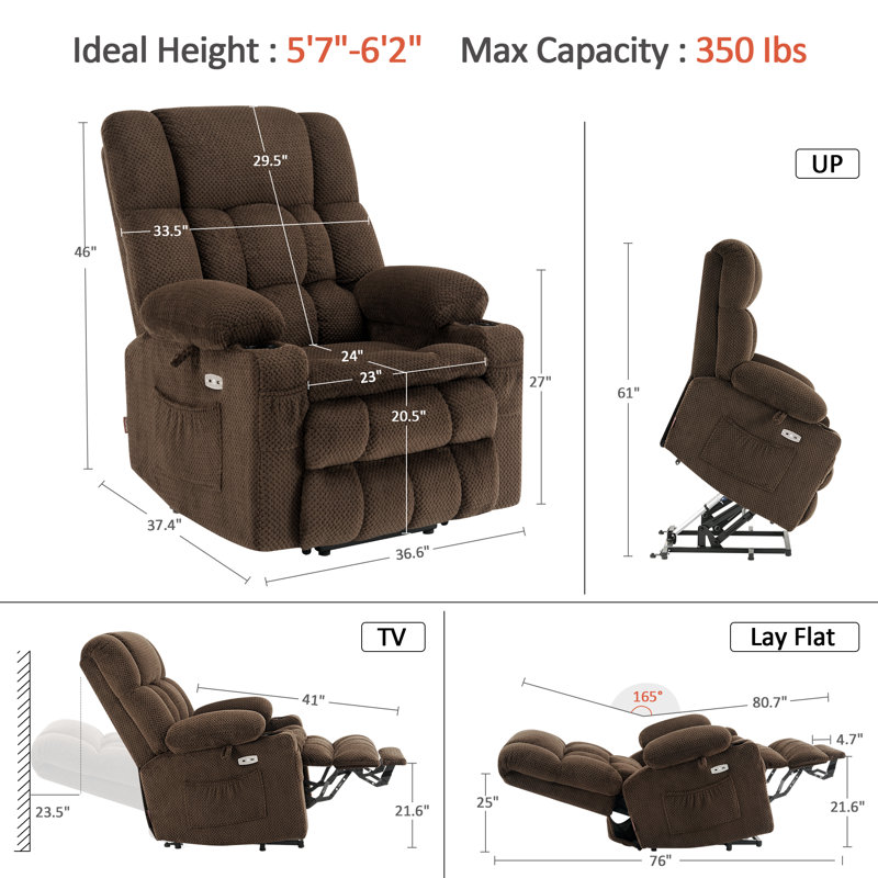 93cm Wide Lift Assist Standard Recliner with Massager, Coffee