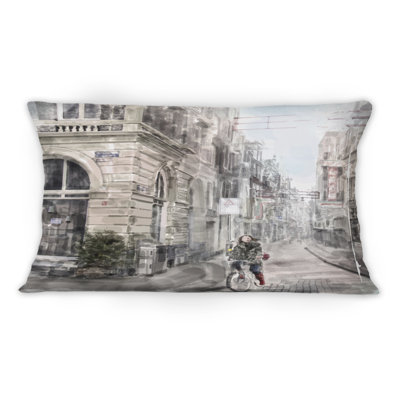 Coussin City City avec une fille à vélo - 1 imprimé colonial