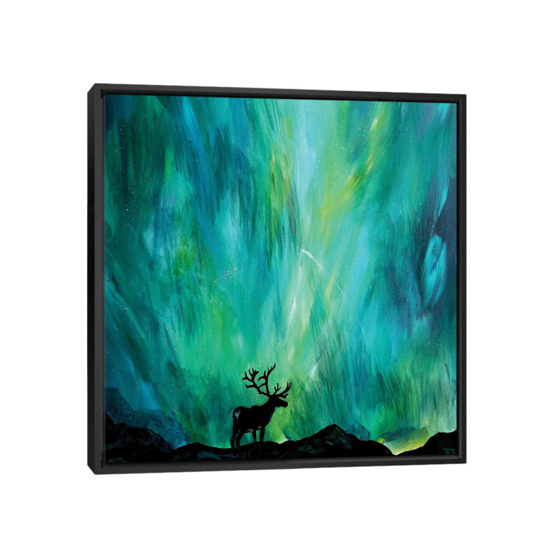 « elk northern lights », impression sur toile, H 18 po x l 18 po x P 1,5 po, Toile avec cadre flottant noir, Pas de tapis
