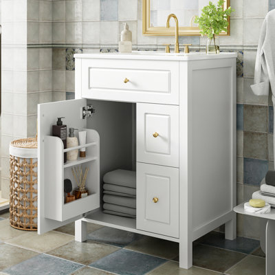 Meuble-lavabo de 61 cm (24 pouces) avec lavabo en céramique, rangement astucieux avec tiroir et porte-étagère, fermeture amortie, tiroirs en bois massif et structure double.