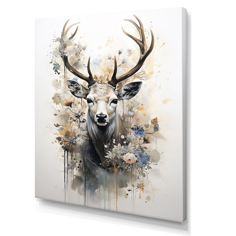 Portrait de cerf noir et blanc I sur toile, Toile tendue, H 20 po x l 12 po x P 1 po