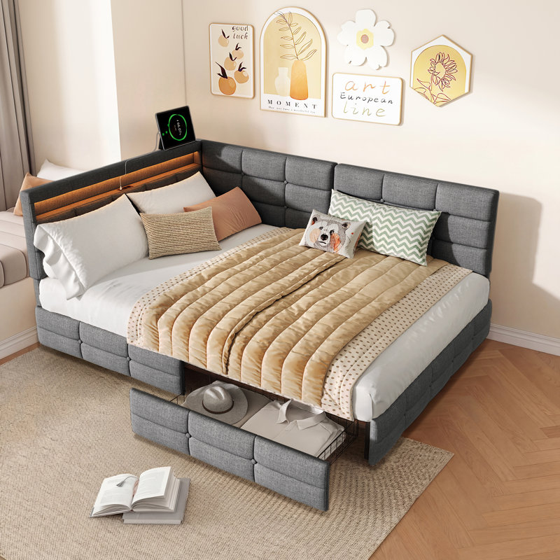 Upholstered Daybed with Drawer Storage, 140 x 190 cm, Grey