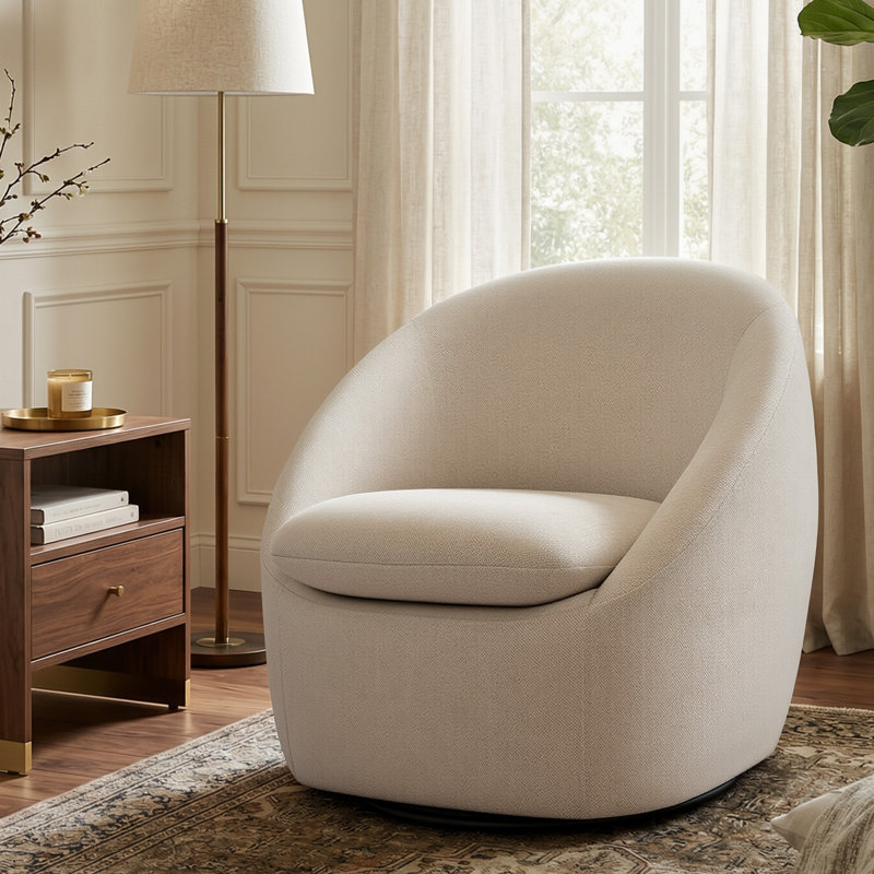 Modern Upholstered Swivel Barrel Accent Chair With Chenille Fabric, Beige