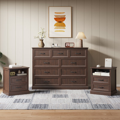 3 Pieces Bedroom Set, 9 Drawer Dresser And 2 Nightstands With Drawers