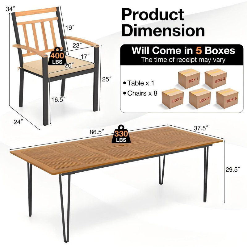 Ensemble de 9 chaises de table de salle à manger de patio, 86,5 po L Table de salle à manger avec trou pour parasol