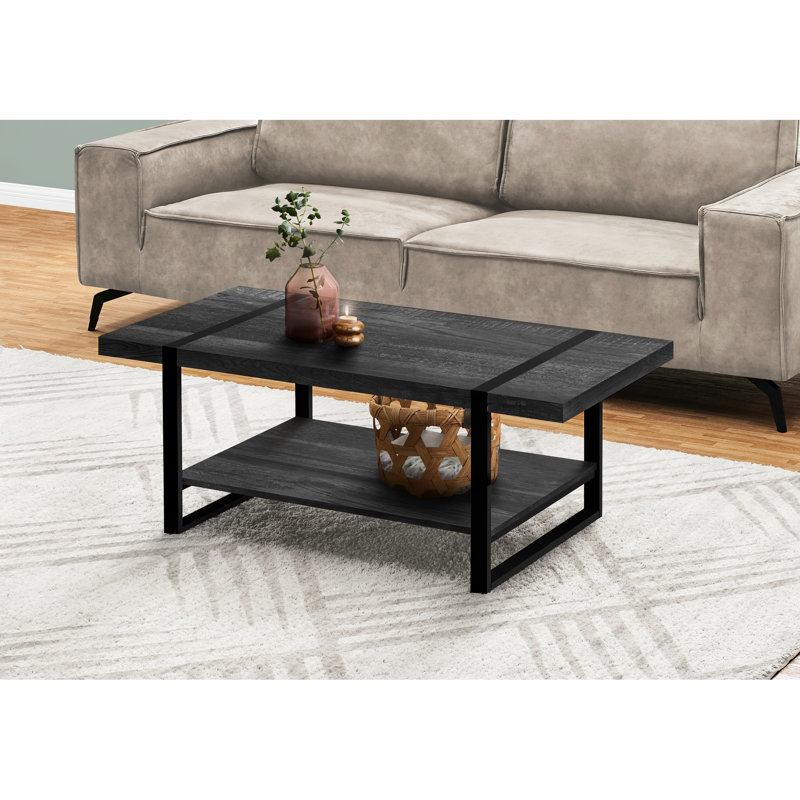 Table basse rectangulaire noire de 48 po de L - espace de vie moderne avec tablette fixe et pieds en métal, pièce en stratifié, finition d'aspect bois récupéré