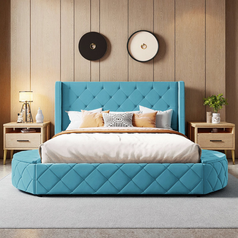 Grand lit tapissier en velours avec tête de lit à oreilles et 2 tabourets de rangement latéraux, Bleu