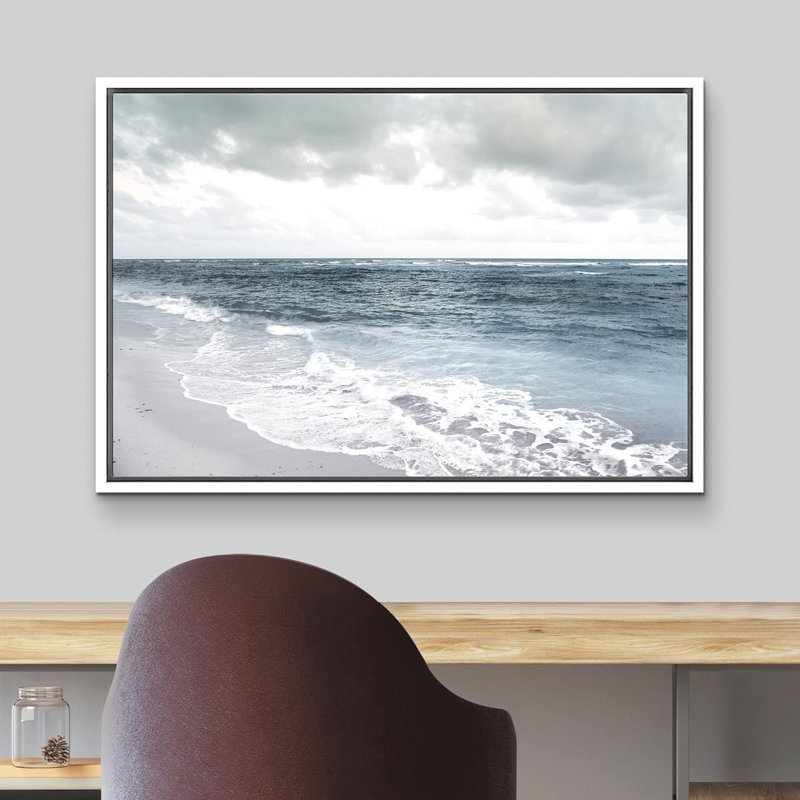 Coastal Beach " Washed Out Cloudy Gray Beach Shore ", 16'' H x 24'' W, White Framed