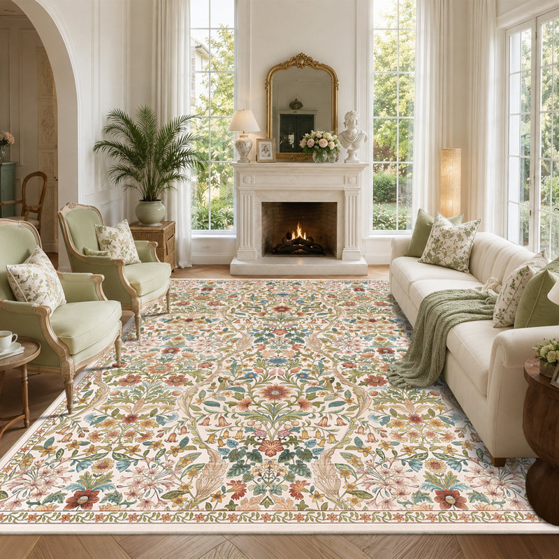 Washable Area Rug - Vintage Boho Botanical Low-Pile Rug, Rectangle 9' x 12', Beige/Ginger
