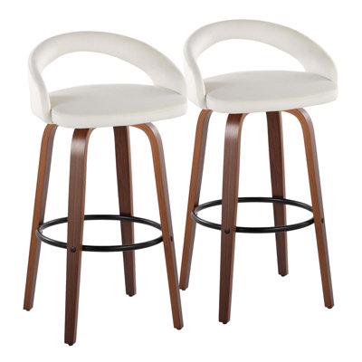 Fixed-Height Swivel Barstool Set Of 2 With Walnut Wood Legs, White Velvet Seat, And Round Black Metal Footrest For Bar Or Kitchen Island Use.