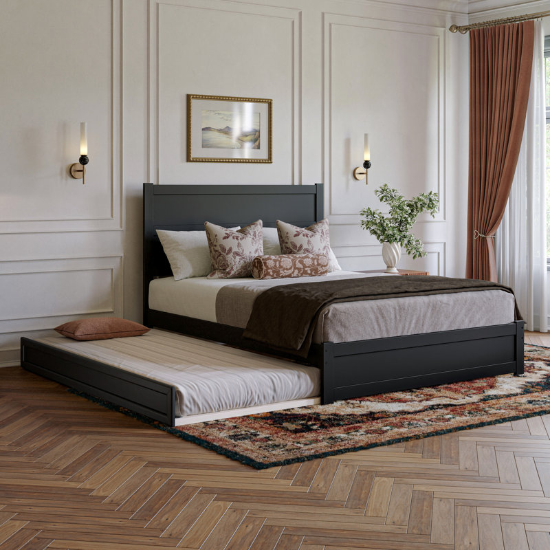 Aveline Wood Platform Bed with Footboard & Trundle, Black, Queen