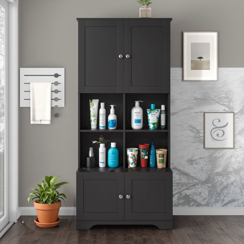 Armoire de plancher autoportante haute et large | 4 portes, tablettes réglables et tablettes ouvertes multicouches | Unité de rangement spacieuse pour articles de toilette, serviettes et articles essentiels | Idéal pour les environnements de salle de b