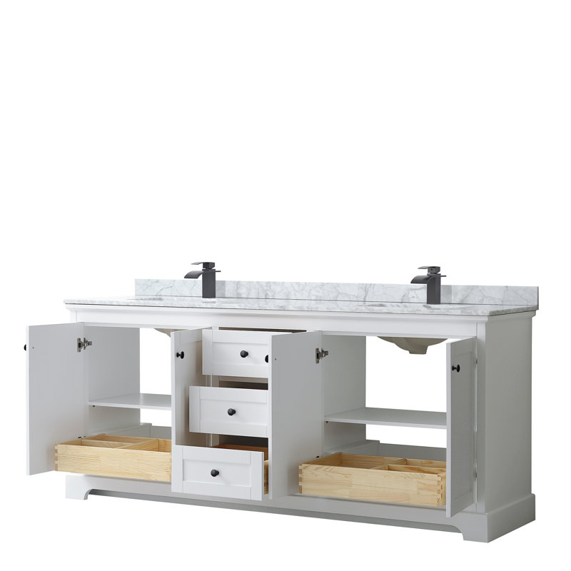 Avery 80'' Double Bathroom Vanity with Stone Top, White, Brushed Gold