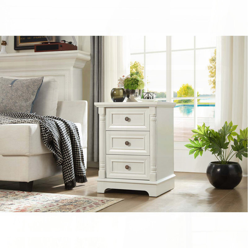 Table d'appoint Farmhouse avec 3 tiroirs et station de charge - Bois rustique, Blanc