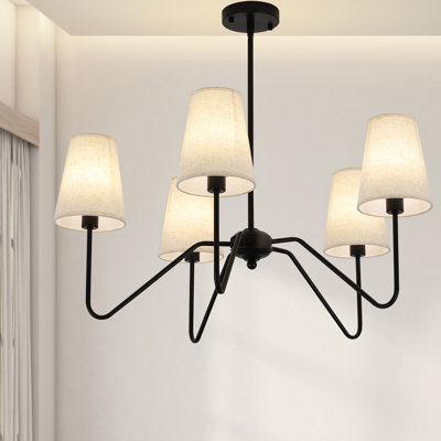 5-Light Black Modern Chandeliers with Linen Beige Fabric Shade