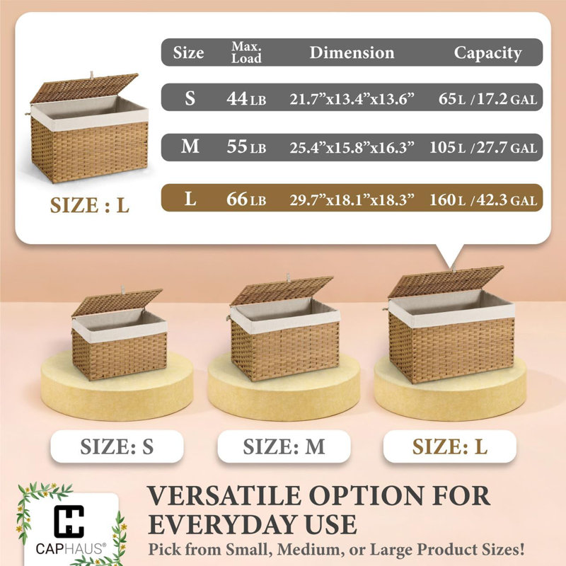 CAPHAUS Rattan Laundry Basket, 65L-160L Capacity, Removable Liner Bags, 3 colors, 18.3" H x 18.1" W x 29.7" D, Brown