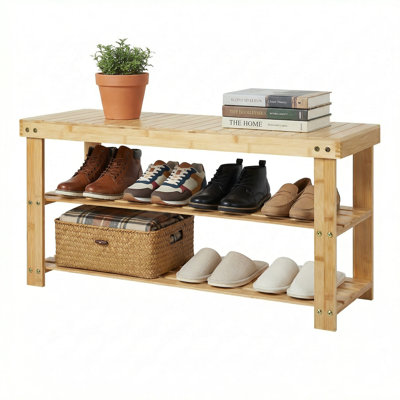 35" Bamboo Shoe Storage Bench with Seat, Heavy Duty Entryway Shoe Rack Organizer, 3-Tier Hallway Furniture for Living Room & Bedroom, Natural
