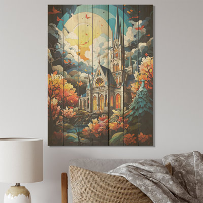 Pop Art Curch At Moon Landscape I - Church On Wood Print