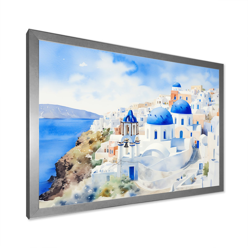 Grèce, Santorin, paysage IV - Grèce, art mural, Cadre flottant doré, H 24 po x l 32 po x P 1 po