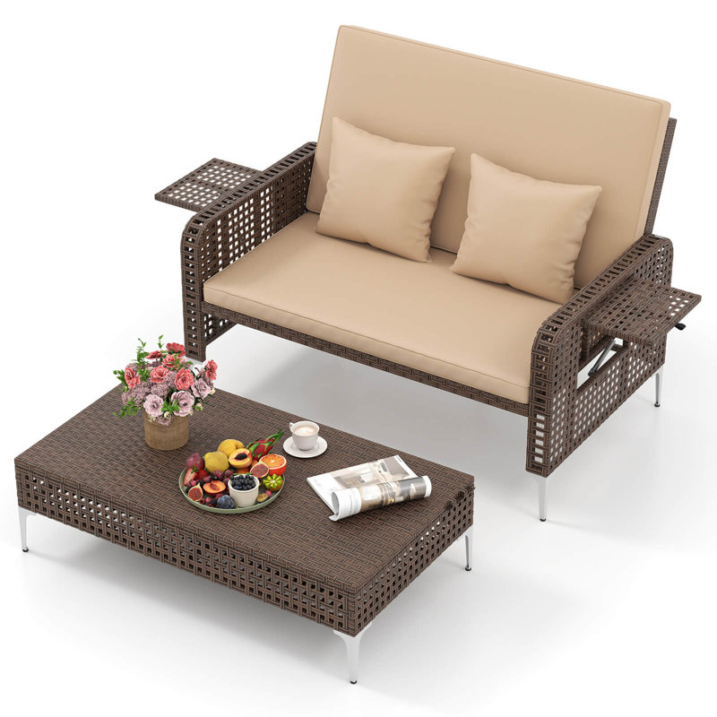 2 causeuse en osier avec repose-pieds avec dossier à 4 niveaux et coussin moelleux, Beige