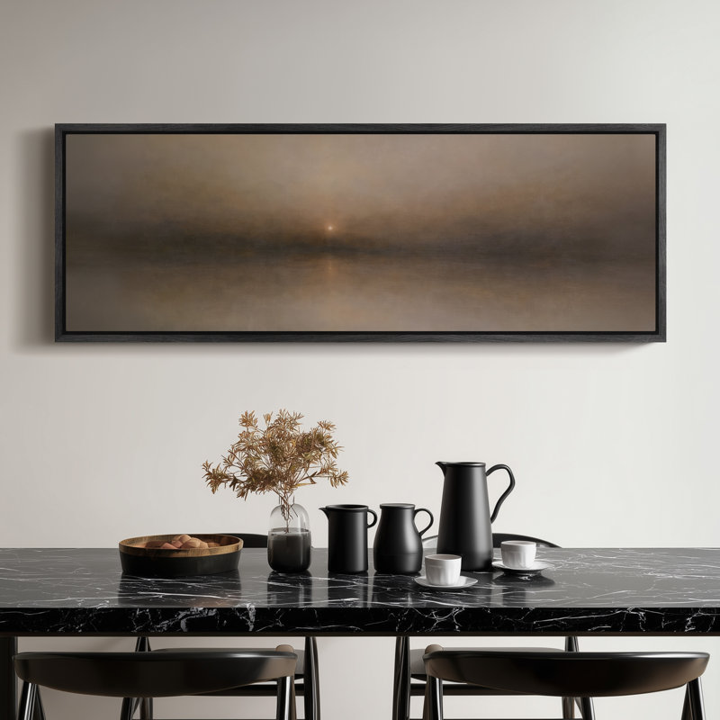 «Minimal Neutral Horizon Foggy Sunset Abstract Landscape», reproduction d'art encadrée, 20" H x 60" W, Noir