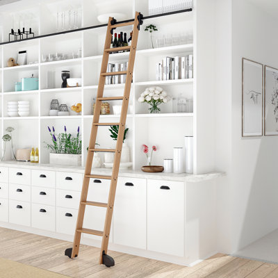 Red Oak 8.92' 8-Step Wood Rolling Contemporary Wheel Ladder