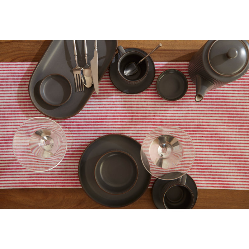 Narrow Stripe - 100% Pure Linen  Table Runner, Red/White, 144" Rectangle