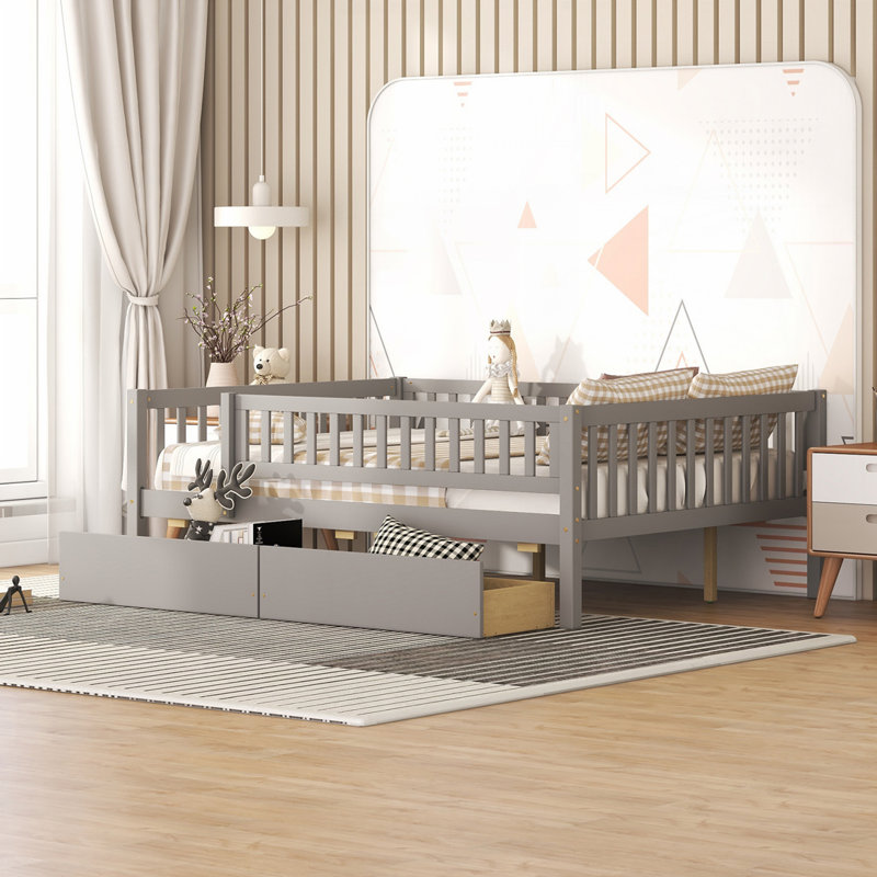 Lit en bois avec 2 tiroirs, gris, Complète
