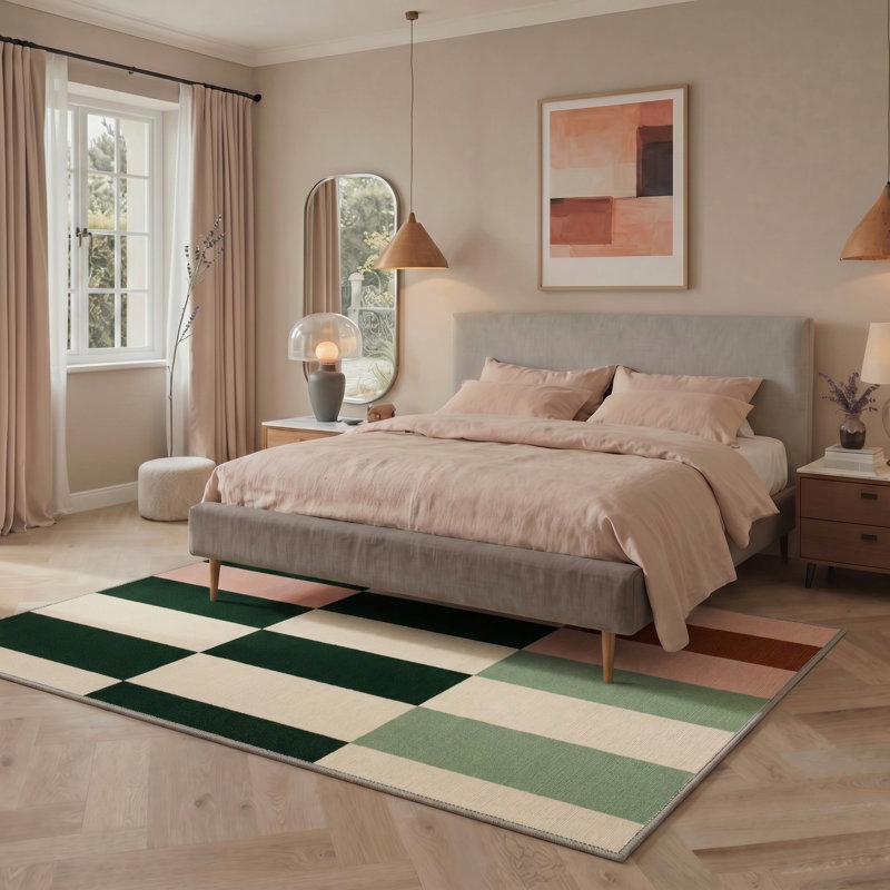 Liadan Stria Geometric Machine Washable Green / Beige / Pink Indoor Area Rug with Non-Slip Backing, Rectangle 5' x 7'