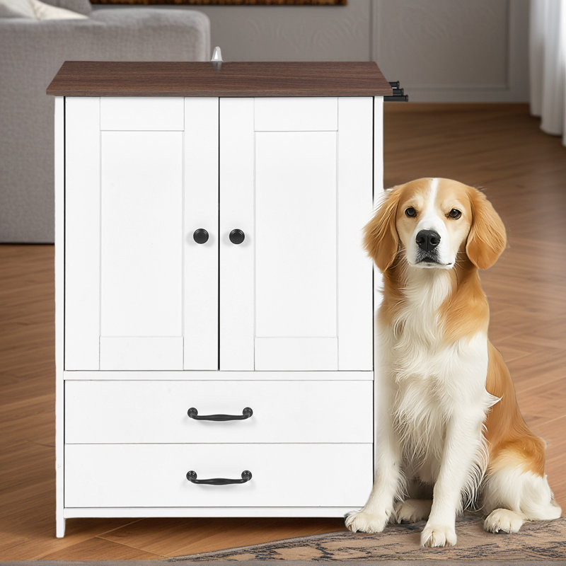 Dog Feeding Station, Dog Food Storage Cabinet With 2 Hidden Adjustable Dog Bowls, Adjustable Panel, 3 Hooks, White