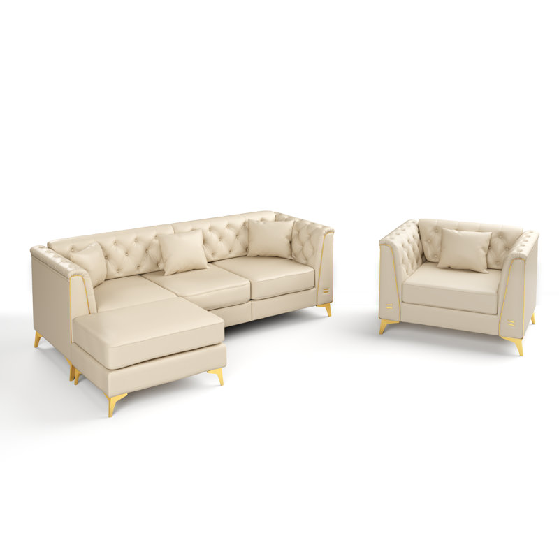 Ensemble de salon 3 pièces Chesterfield, 3 Pieces: Sofa, Chair, Ottoman, Beige