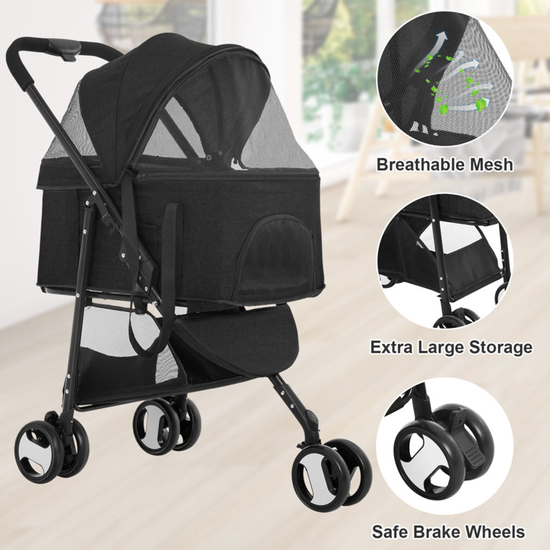 Black Linen and Stainless Steel Pet Stroller with Detachable Carrier