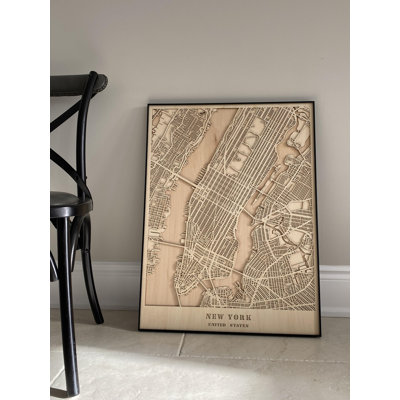 Carte en bois découpé au laser 3D New York City dans un cadre en métal