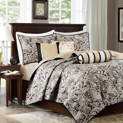 Courtepointe 6 pièces avec coussins décoratifs - taille double / grand, courtepointe à la mode noire, envers en microfibre, rembourrage en coton pour le style, coussins brodés, motif classique lavable à la machine de 6 po au lit, facile à laver