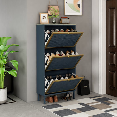 3-door Blue-gray Metal Rattan Shoe Rack, Freestanding Modern Shoe Storage Cabinet, Scratch-resistant Waterproof Melamine Roof, Anti-tipping, Perfect For Entryway