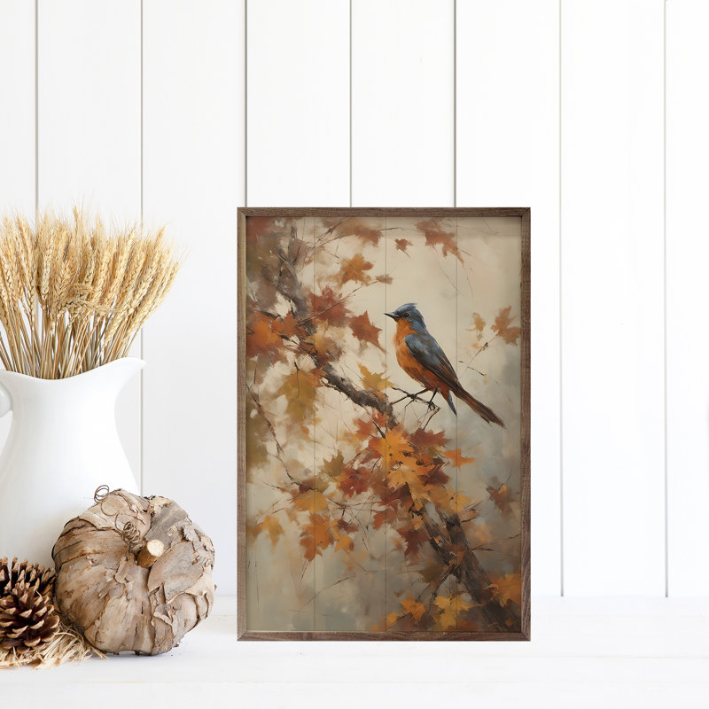 «Bluebird On Fall Branch» sur bois, H 8 po x l 5 po