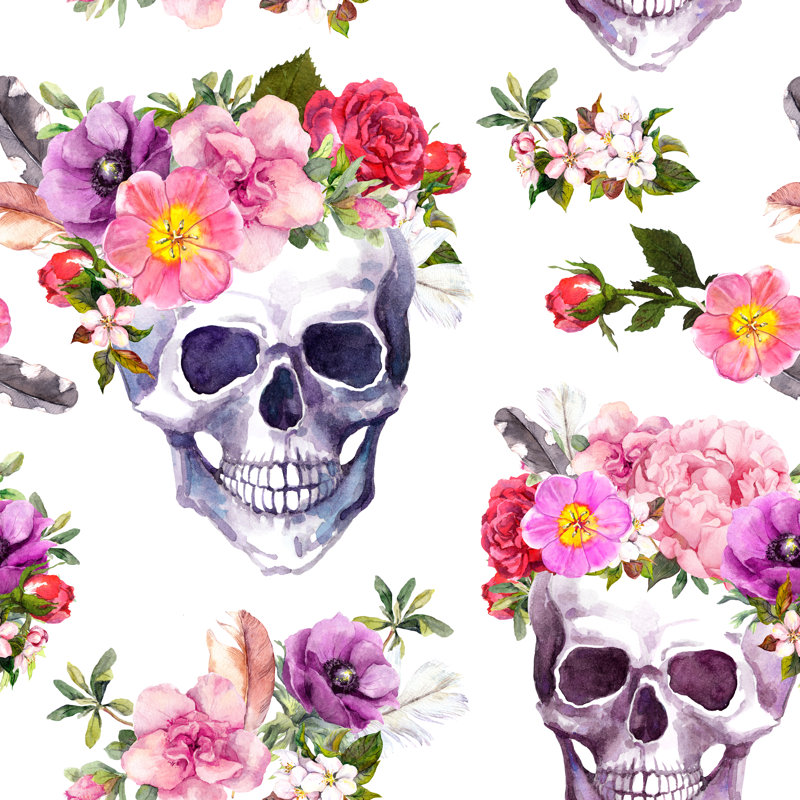 Human Skulls, Flowers. Seamless Pattern. Watercolor - Wrapped Canvas Print, 30cm H x 30cm W x 3.8cm D