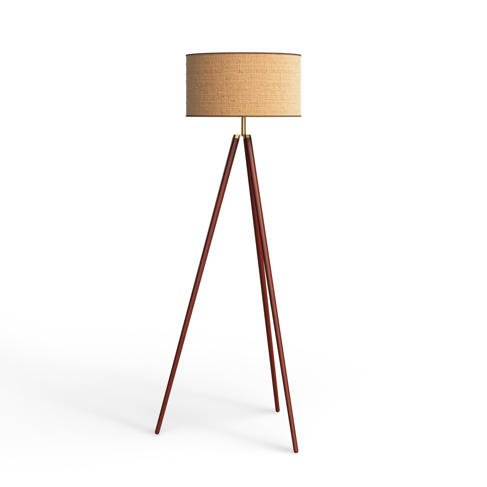 Kisa 60.5'' Dimmable Floor Lamp, Walnut Wood w. Antique Brass Accents, Woven Natural Rattan Shade w. Beige Trim