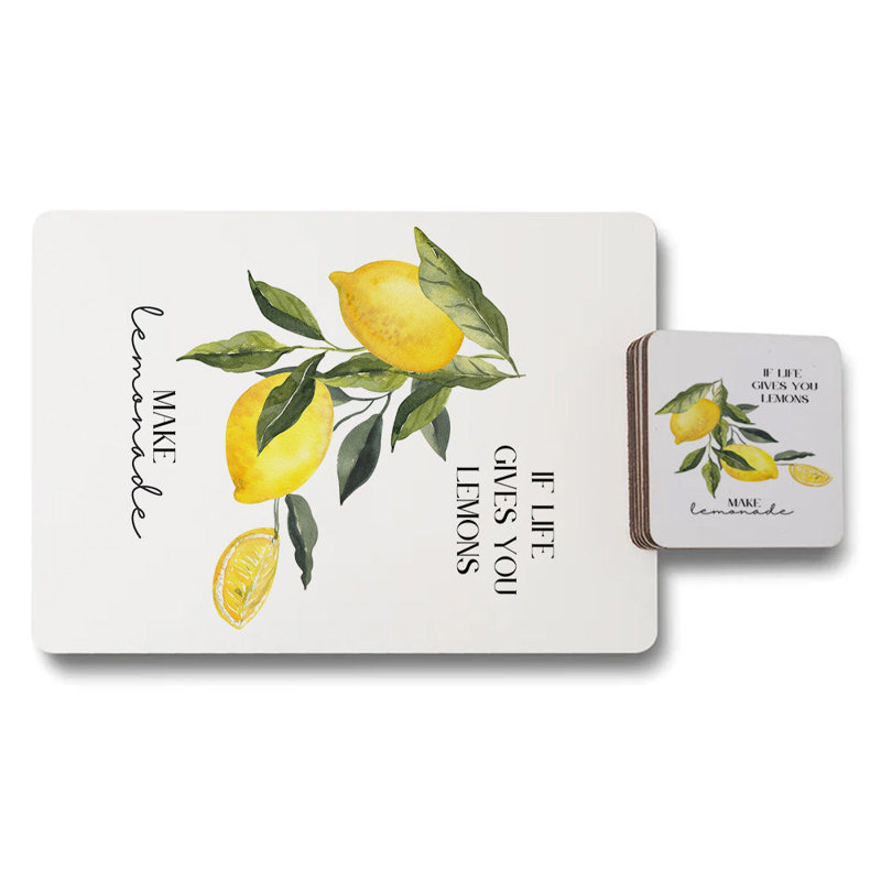 Lemon High End Print Placemat And Coaster Set Citrus Art Collection Wood Bottom Exclusive Edition