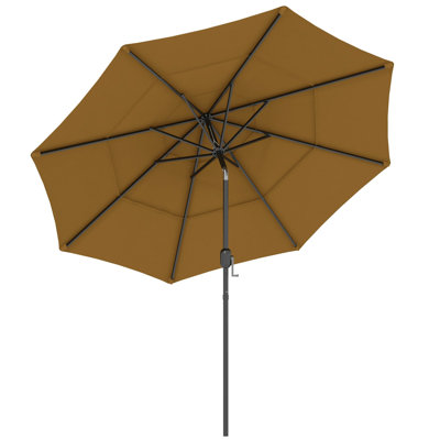 Tan 9ft 3 Deck Umbrella - With Crank, Push Button Tilt For Patio, Backyard, Lawn Steel Pole Patio Umbrella, Deck, Stable On Ground
