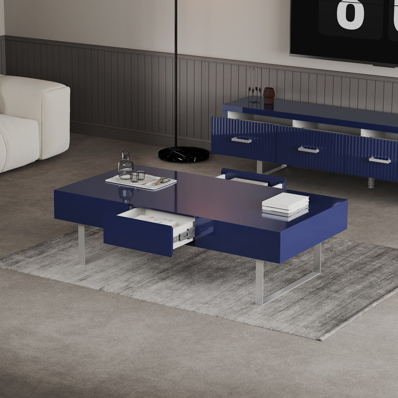 52.4"L Modern High Gloss Coffee Table – Hidden Storage Drawers, Stainless Steel Legs, Blue