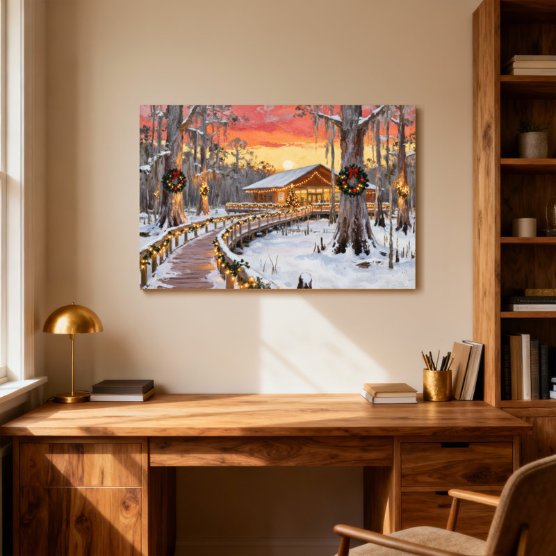 Scène de Noël au coucher du soleil, H 16 po x l 24 po
