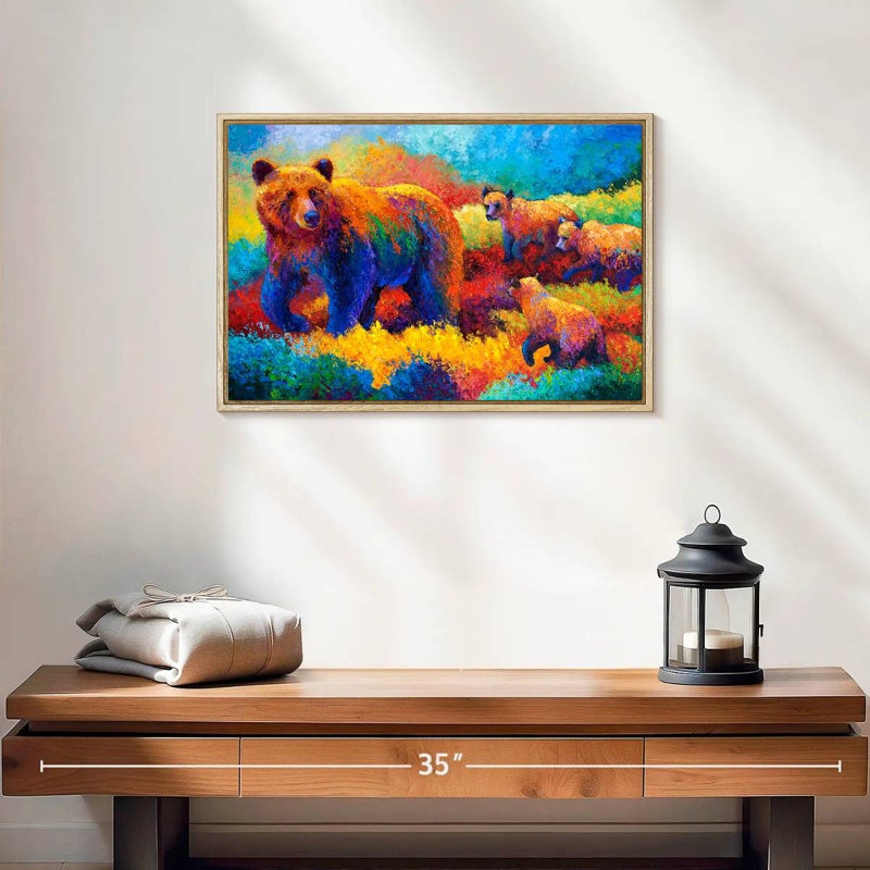 Famille Grizz, 19 po x 13 po, Cadre flottant en bois naturel